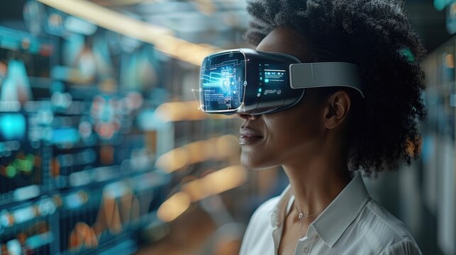 Woman wearing VR headset exploring futuristic data center with holographic interface technology, immersed in virtual reality environment.