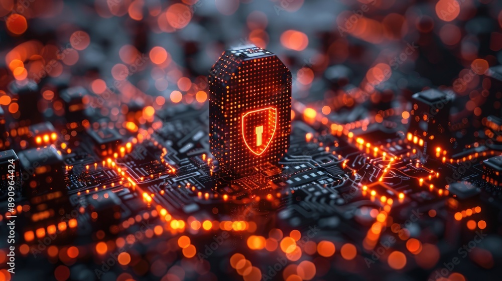 Poster a glowing shield icon representing cybersecurity, surrounded by interconnected circuit-like patterns