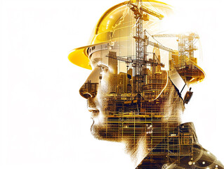 young woman in a yellow construction helmet against the background of construction workshop