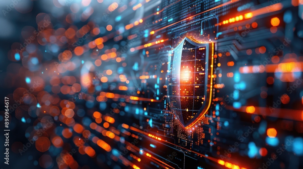 Poster abstract digital shield represents cybersecurity with glowing data lines and vibrant colors in a fut