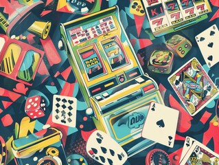 games pieces Looks like a fun partystock illustration 1960s style party invitation Flyer for Game Night with playing cards and slot machine and dice