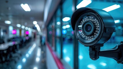 Close-up of a CCTV security camera in a modern office environment, ensuring safety and surveillance for the premises.