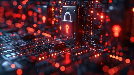 Close-up of a circuit board with red LED lights highlighting a padlock symbol, representing cybersecurity and digital data protection.