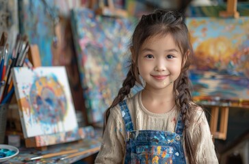 An Asian girl is painting with acrylic paint on an easel. The background of her desk is a variety of art supplies such as brushes, palette knives, watercolor palettes and other items.