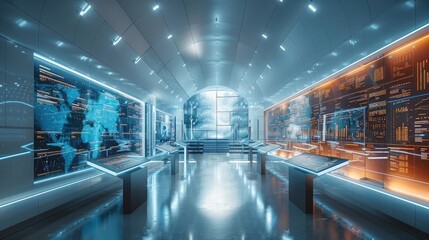 Futuristic control room with advanced digital interfaces and world maps on large screens, representing technology, data analytics, and global networks.