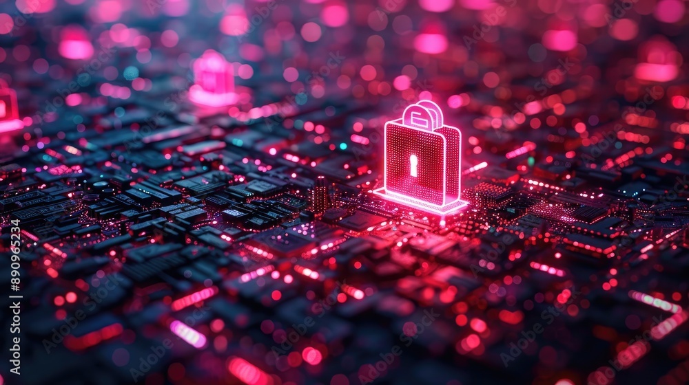Poster futuristic digital security concept with glowing lock icons representing data protection and cyberse
