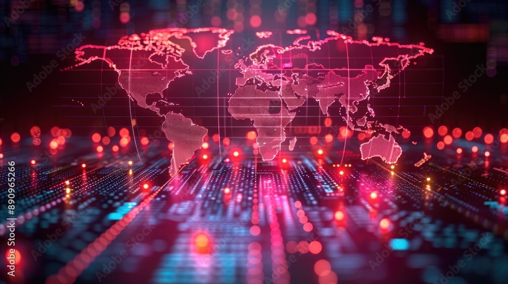 Aufkleber futuristic digital world map with glowing red lights, representing global connections and technology