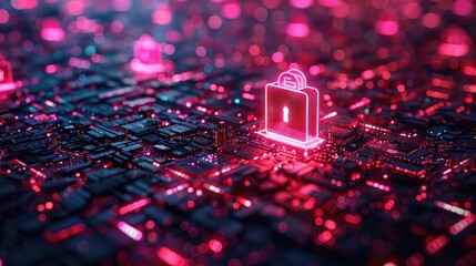 Futuristic digital security concept with glowing lock icons representing data protection and cybersecurity in a pink and blue neon circuit board.