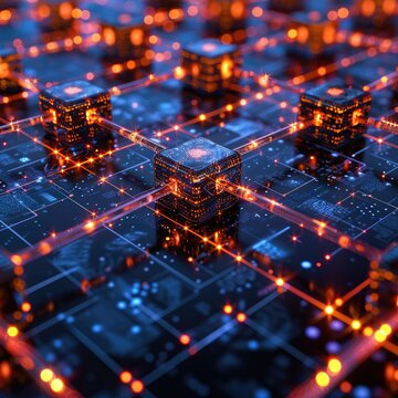 Futuristic glowing grid with interconnected nodes, representing advanced technology and data communication in a network.