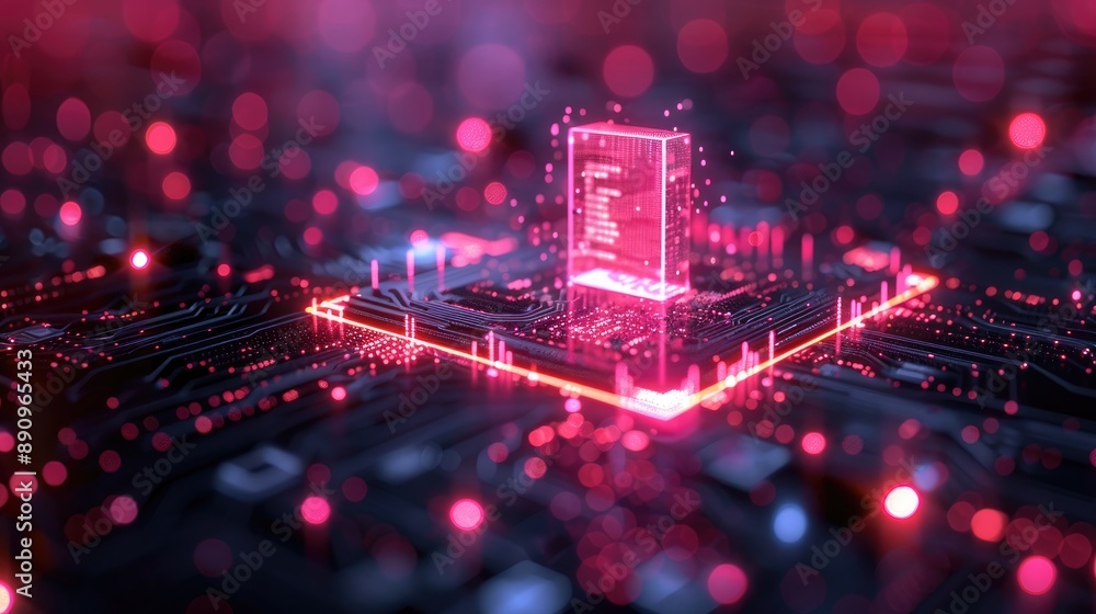 Poster futuristic microchip on a motherboard with vibrant red neon lights, symbolizing advanced technology 