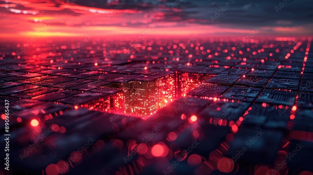 Poster futuristic landscape with glowing red circuitry and lights depicting advanced technology. ideal for 