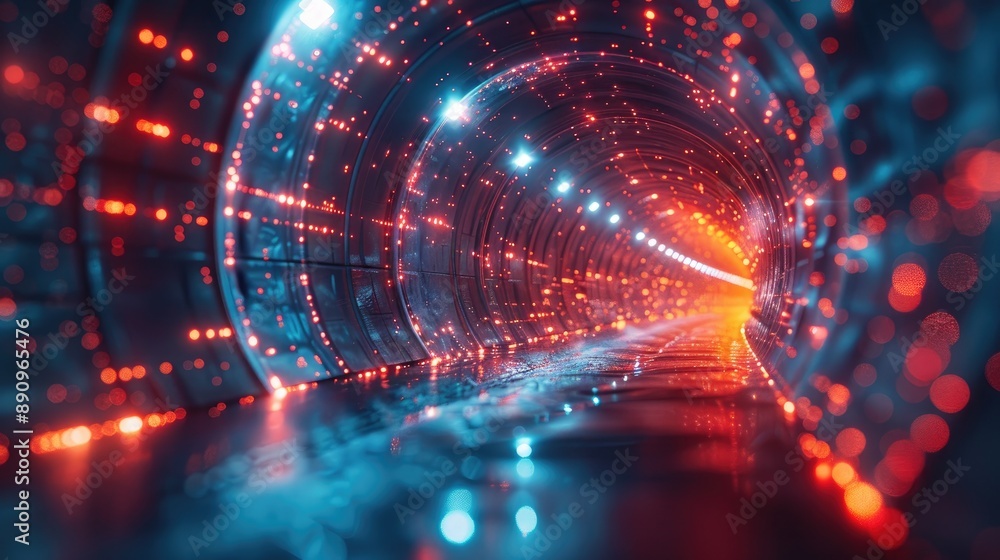 Poster futuristic neon tunnel with glowing lights and vibrant colors, creating a mesmerizing and dynamic di