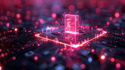 Futuristic microchip on a motherboard with vibrant red neon lights, symbolizing advanced technology and cutting-edge computing power.