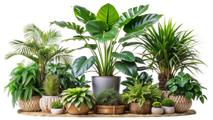 Fototapeta premium a variety of house tropical plants in pots on a table top with a white background
