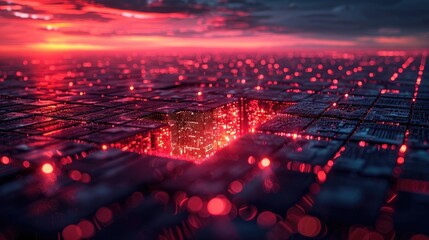 Futuristic landscape with glowing red circuitry and lights depicting advanced technology. Ideal for concept of digital innovation and tech advancements.