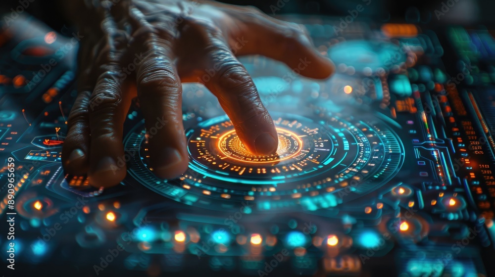 Poster futuristic technology interface with a hand interacting with a digital touch screen, showcasing adva