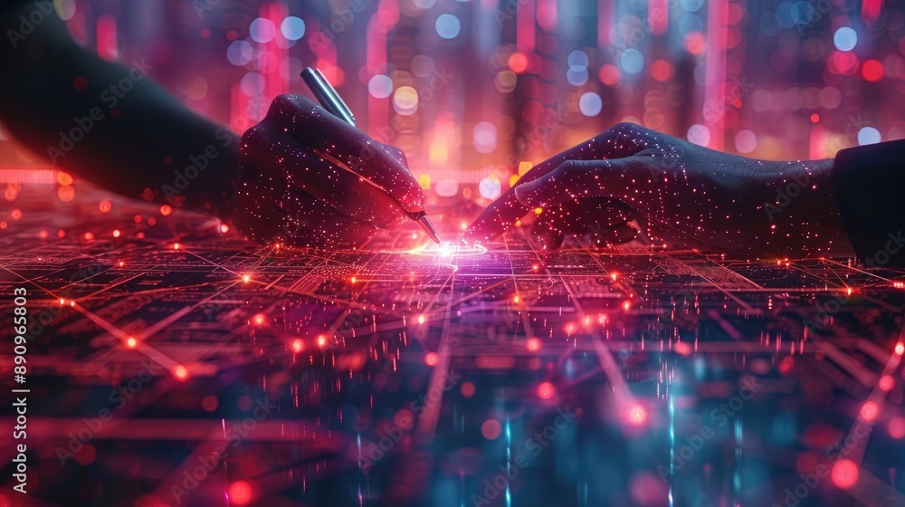 Poster hands interacting with a futuristic digital interface, glowing with vibrant red and blue lights repr