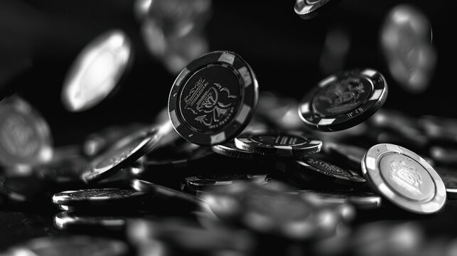 poker coins falling in dark backgorund, aestethic style, black and white image