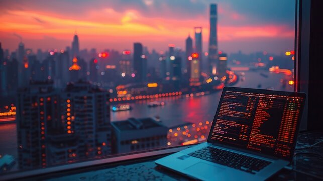 Laptop with code on screen overlooking a city skyline at sunset, highlighting urban technology and software development. - Powered by Adobe