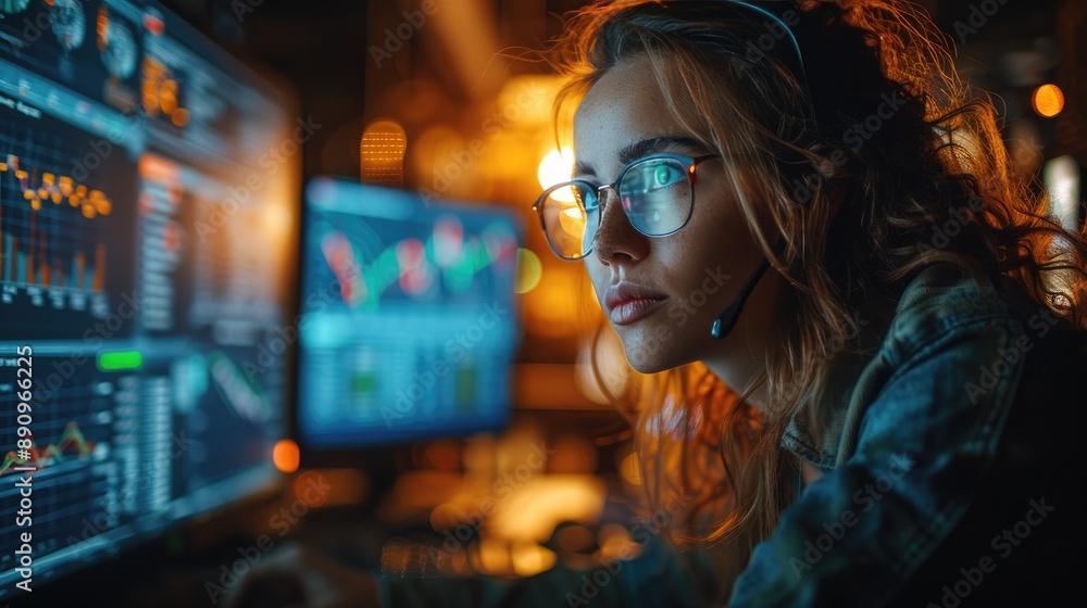 Poster woman analyzing data on multiple screens in a dark room with headset, focusing on charts and graphs.