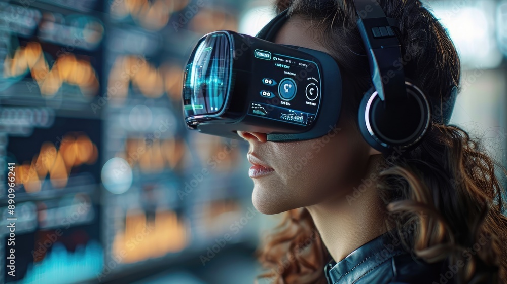 Poster woman using virtual reality headset in high-tech office, surrounded by digital screens displaying da