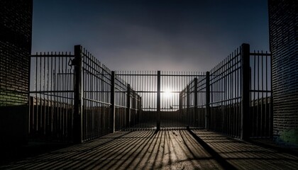 A view of prison iron bars under low light, capturing a dark and ominous atmosphere.
