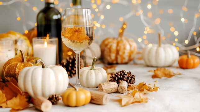 Halloween & Thanksgiving wine party background, decorated with a wine glass, a wine bottle, a Jack-o-lantern, pumpkins, and fallen leaves on a white wall, a festive and elegant feel with bokeh effects