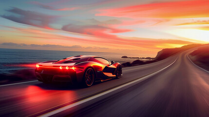 Fototapeta premium Sleek sports car speeding on a coastal highway at sunset