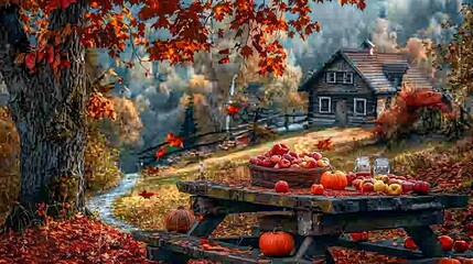Autumnal Picnic by a Rustic Cabin