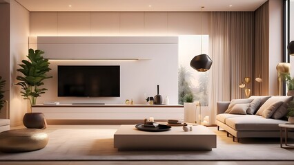 Modern minimalist living room interior design, aestehtic warm glow color theme home decor livingroom with cabinet TV space interior architecture design 