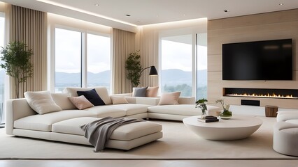 Modern minimalist living room interior design, aestehtic white color theme home decor livingroom with cabinet TV space interior architecture design 