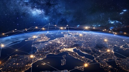 earth from space showing the lights of cities and a network of connections over major countries, photorealistic 