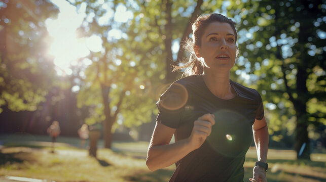 Woman running jogging in the forest or park
