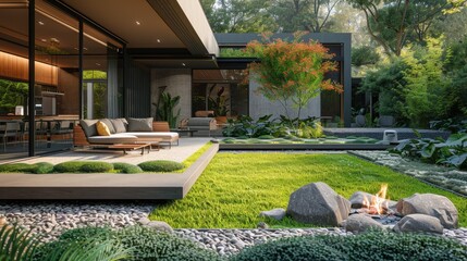 Obraz premium A grass lawn with a modern outdoor seating area and fire feature for cool evenings.