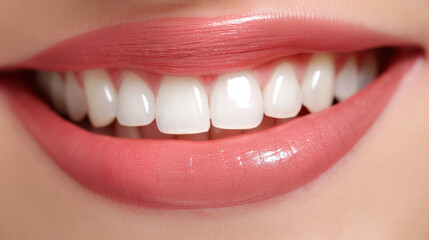 Close-up of a bright, healthy smile with white teeth and pink lips, dental hygiene 

