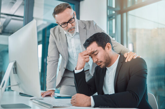 Business men, colleagues and console in office with support for grief, depression and mental health. People, boss and attorney with care, connection and empathy for mistake in workplace at law firm