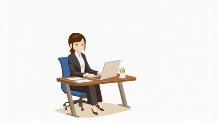 デスクワークしているビジネスウーマン、イラストイメージ27