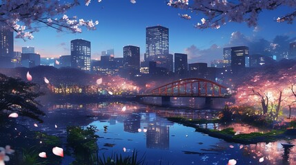 Fototapeta premium 桜並木の公園と街の風景、都会10