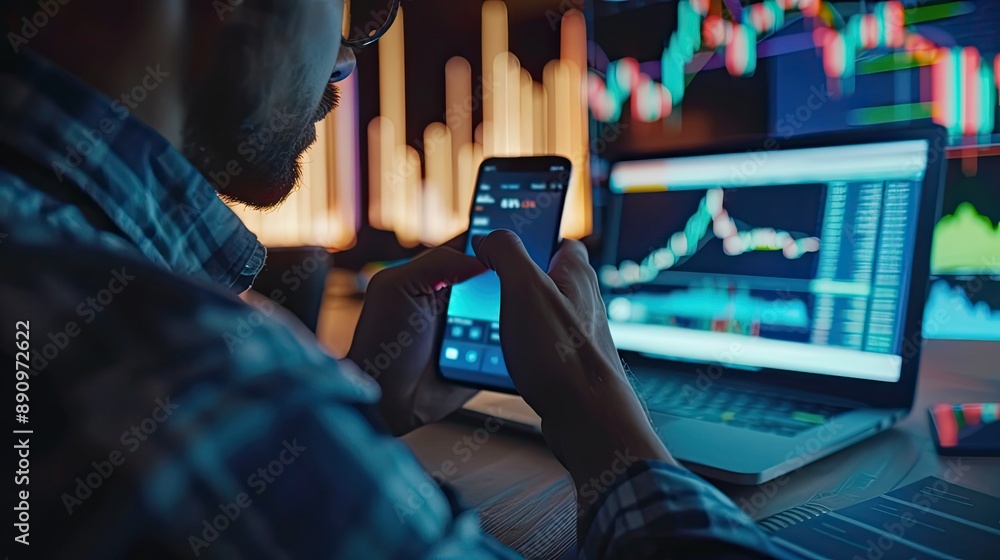Poster stock market trader analyzing data on smartphone