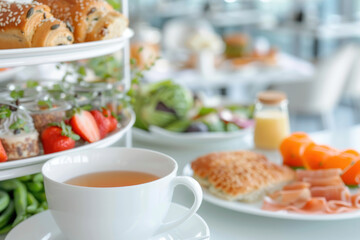 A cup of herb tea and buffet breakfast in hotel restaurant