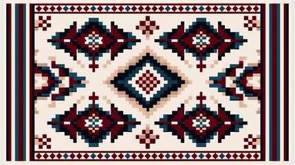 Intricate cross stitch pattern with ethnic geometric designs, using deep reds and rich blues