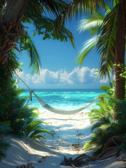 fantasy tropical vacation, hammock at beach, palms at coast. Design for Wall Art, Poster Print, Wallpaper & Background