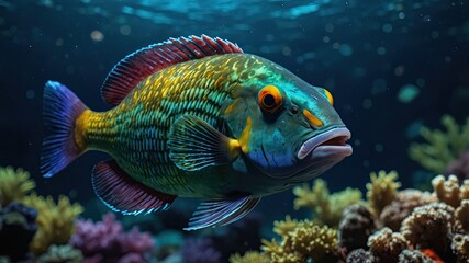 Fototapeta premium close-up of Parrotfish, cinematic, deep sea background