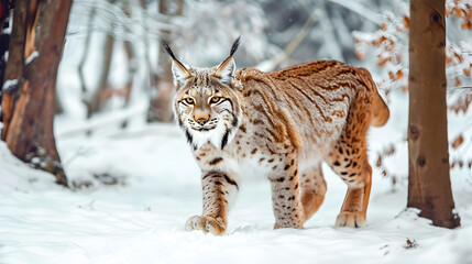 Powerful and alert Eurasian lynx cautiously walking through a snowy winter forest scene