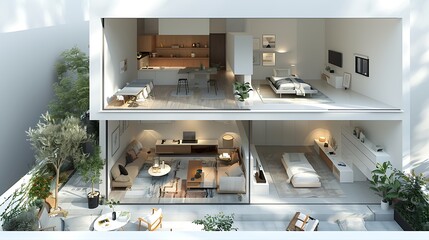 A minimalist house for sale with a detailed floor plan and a 3D model, highlighting modern architectural features 