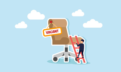 A candidate seeks a job, career path, or promotion to management, climbing the ladder of success, concept of An ambitious businessman climbs the ladder to a management chair with a vacant sign