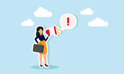 Attention important announcement, message, or broadcast via loudspeaker or exclamation point, concept of A confident businesswoman speaks through a megaphone with exclamatory attention