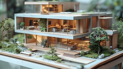 An innovative interior design layout with an architectural model, showcasing home insurance benefits 