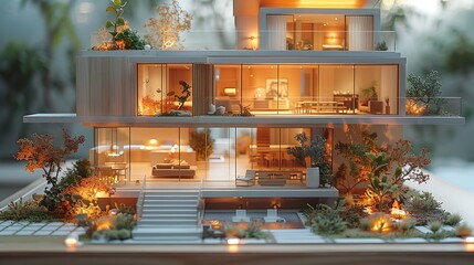 An innovative interior design layout with an architectural model, showcasing home insurance benefits 