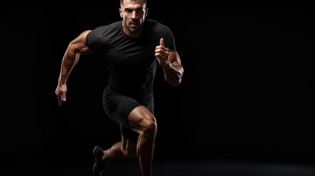 Studio photograph of running athlete. Black background
